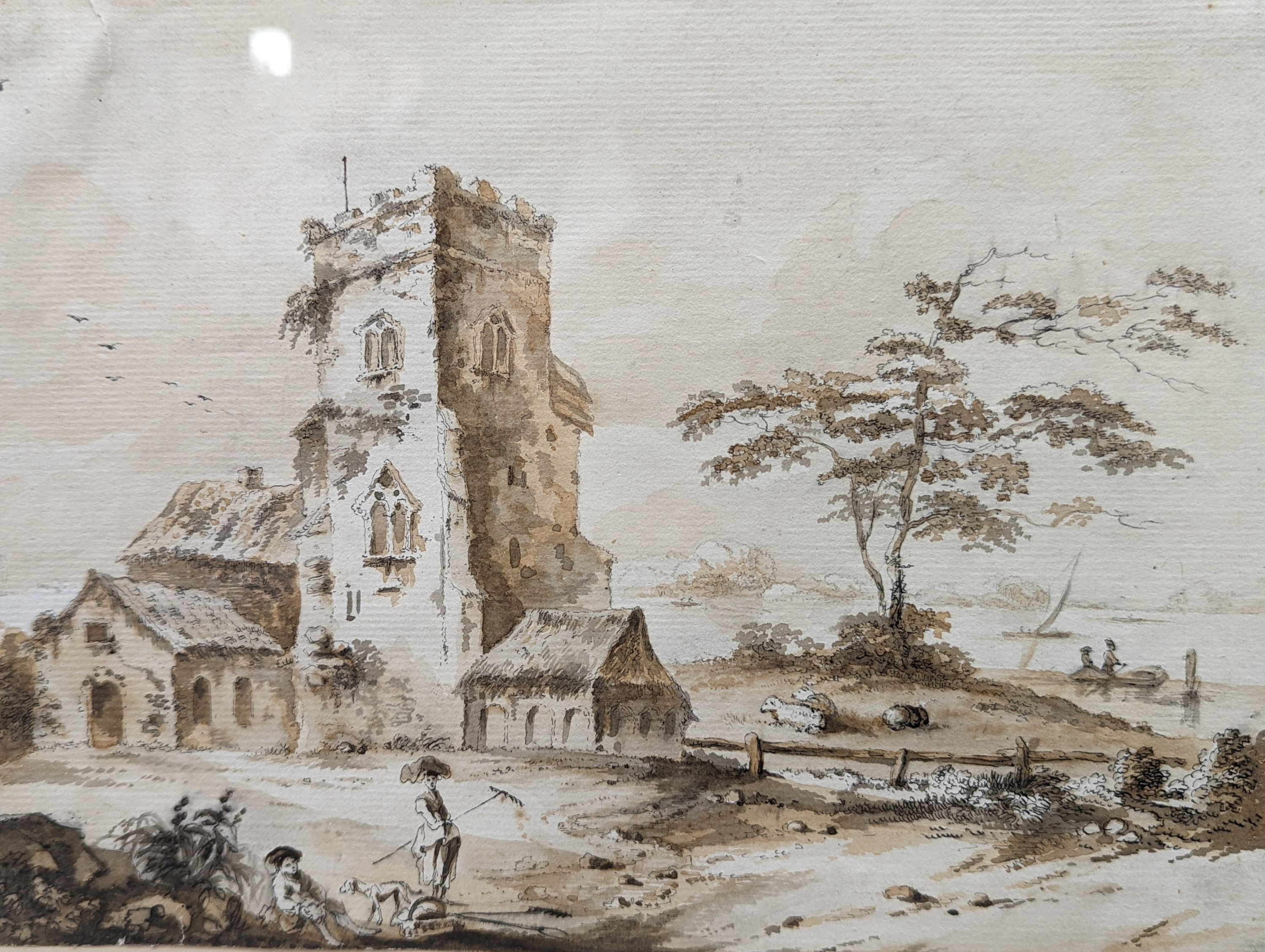 Attributed to William Austin (1721-1820), ink and watercolour, 'Millbrook Church, Southampton', inscribed verso, 18 x 25cm